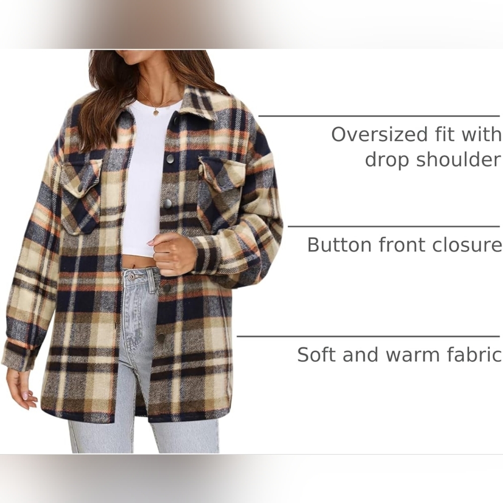 Flannel Button Down Shirt, Boyfriend Long Sleeve, Oversized, Brown/Orange, S - Picture 6 of 17